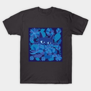 Blue Cat behind flowers T-Shirt